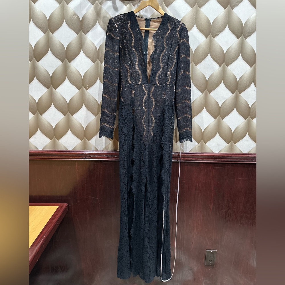 The dolls house very sexy lace bodysuit jumpsuit open front flare leg black M